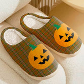Clan Scott Brown Modern Tartan Halloween Pumpkin Slippers, Fluffy Spooky Slippers DF80 Clan Scott (Scott Tartan) Tartan Halloween